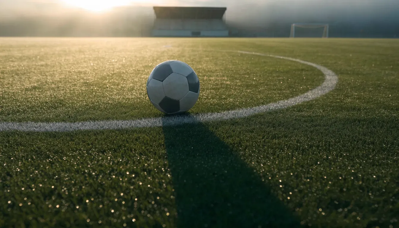 Ein einzelner Fussball liegt auf dem Anstosspunkt eines leeren Rasenplatzes am frühen Morgen, Tau glitzert auf dem Gras, die Tribüne liegt im Dunst.