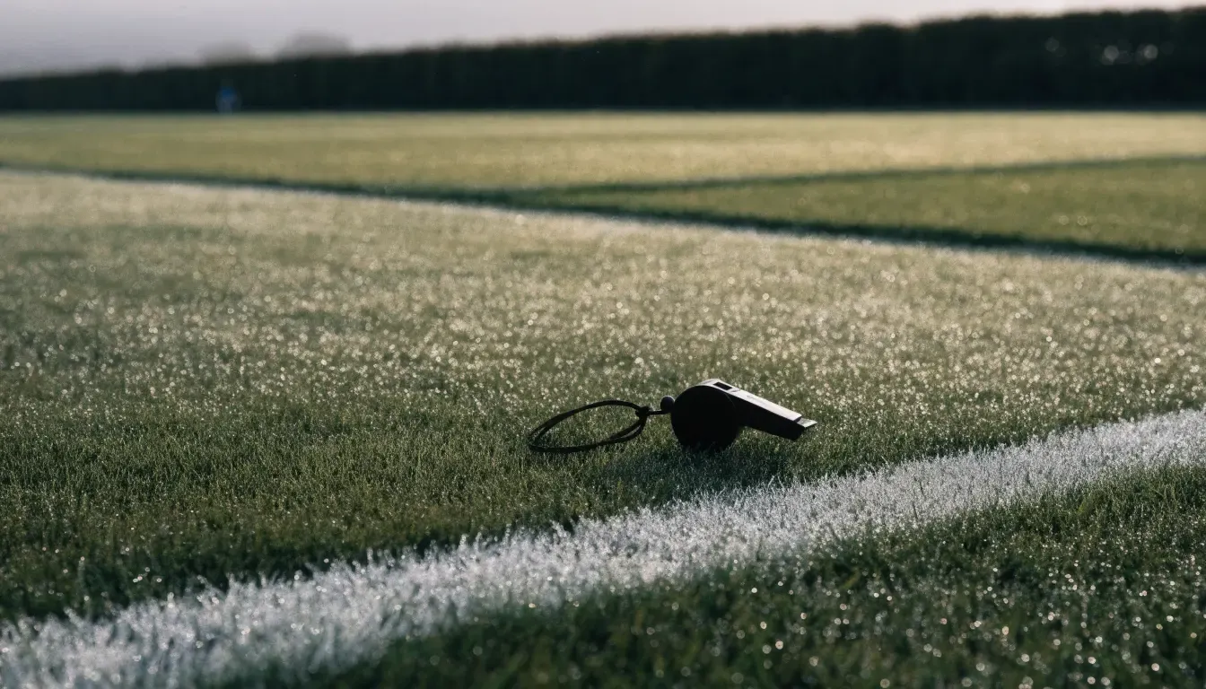 Eine Trillerpfeife liegt auf dem Rasen neben der Mittellinie, Tau hängt an den Halmen, im Hintergrund ein leerer Spielfeldrand.