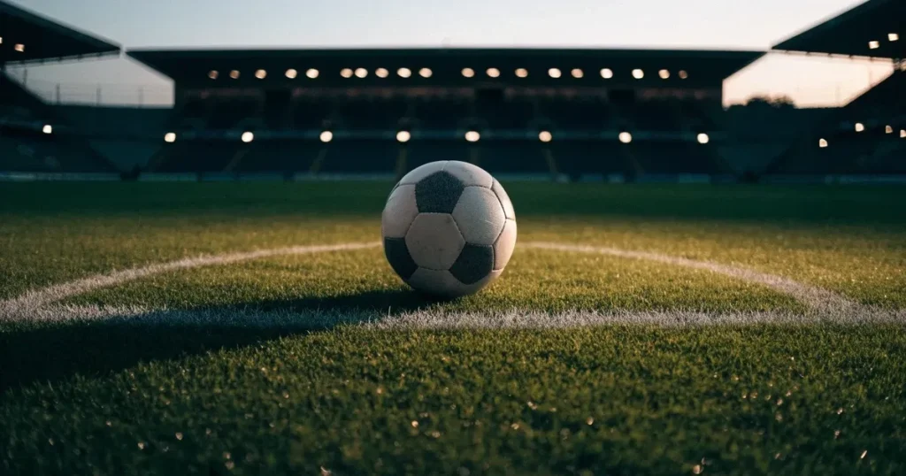 Ein Fussball liegt auf dem Mittelkreis eines Rasenfelds, die weissen Linien kreuzen sich auf dem gepflegten Gras im warmen Abendlicht.