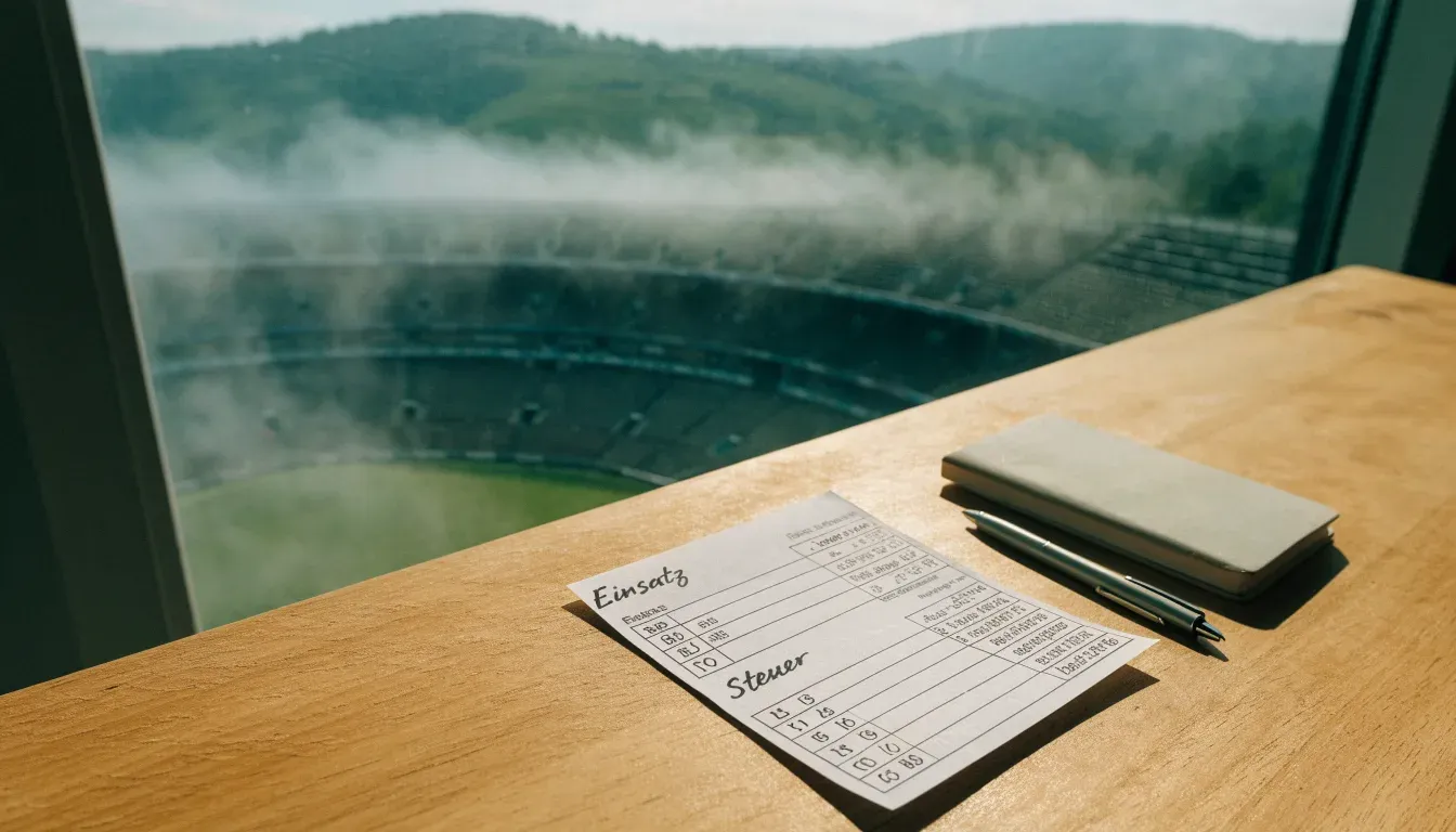 Ein leeres Stadion im Morgenlicht mit Blick auf die Sitzreihen, im Hintergrund Hügel und aufsteigender Nebel.