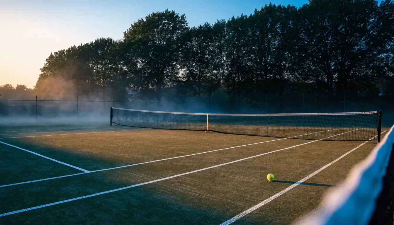 Ein Tennisplatz bei Sonnenaufgang, die Linien frisch gezogen, das Netz in der Mitte und Nebel über dem Boden.