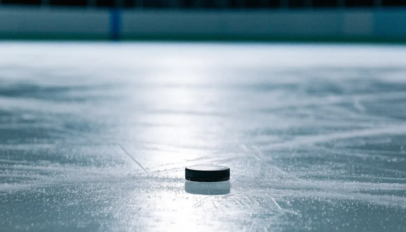 Ein Eishockeypuck liegt auf dem Eis, im Hintergrund unscharf die Bande unter hellem Hallenlicht.