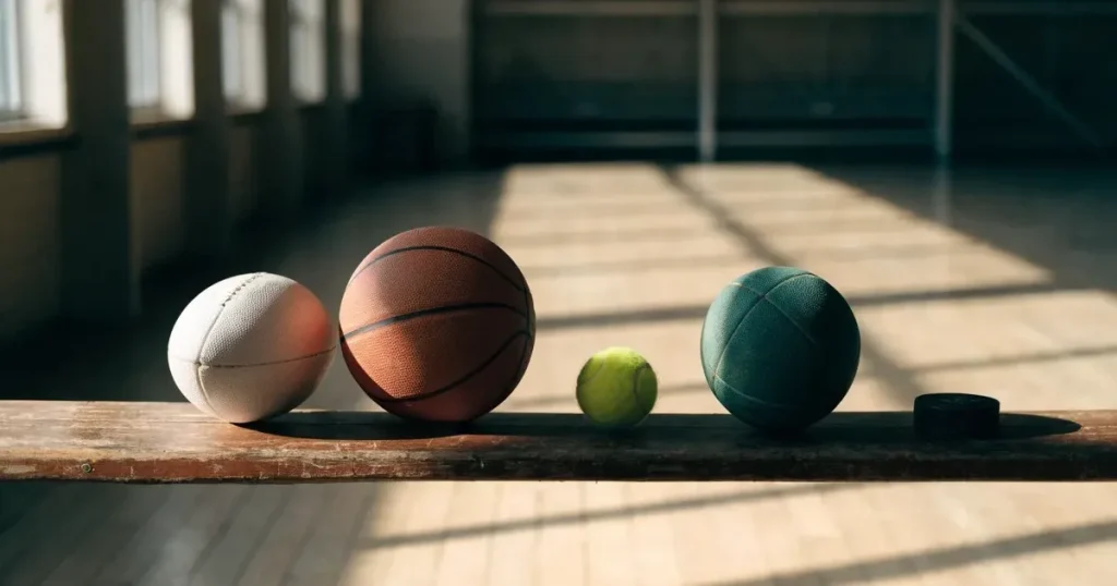 Fünf Sportbälle verschiedener Sportarten stehen in einer Reihe auf einer Holzbank in einer Turnhalle, Licht fällt durch hohe Fenster.