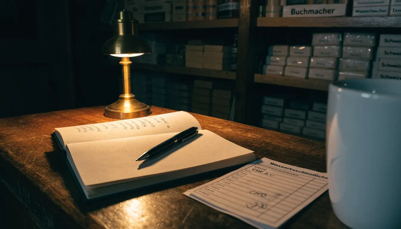 Ein alter Holztresen mit einem Notizbuch und einem Taschenrechner in warmem Lampenlicht, Regale im Hintergrund.
