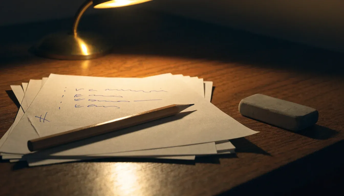Ein Bleistift und ein Radiergummi liegen auf einem kleinen Stapel Notizzettel, gelbes Licht einer Schreibtischlampe.