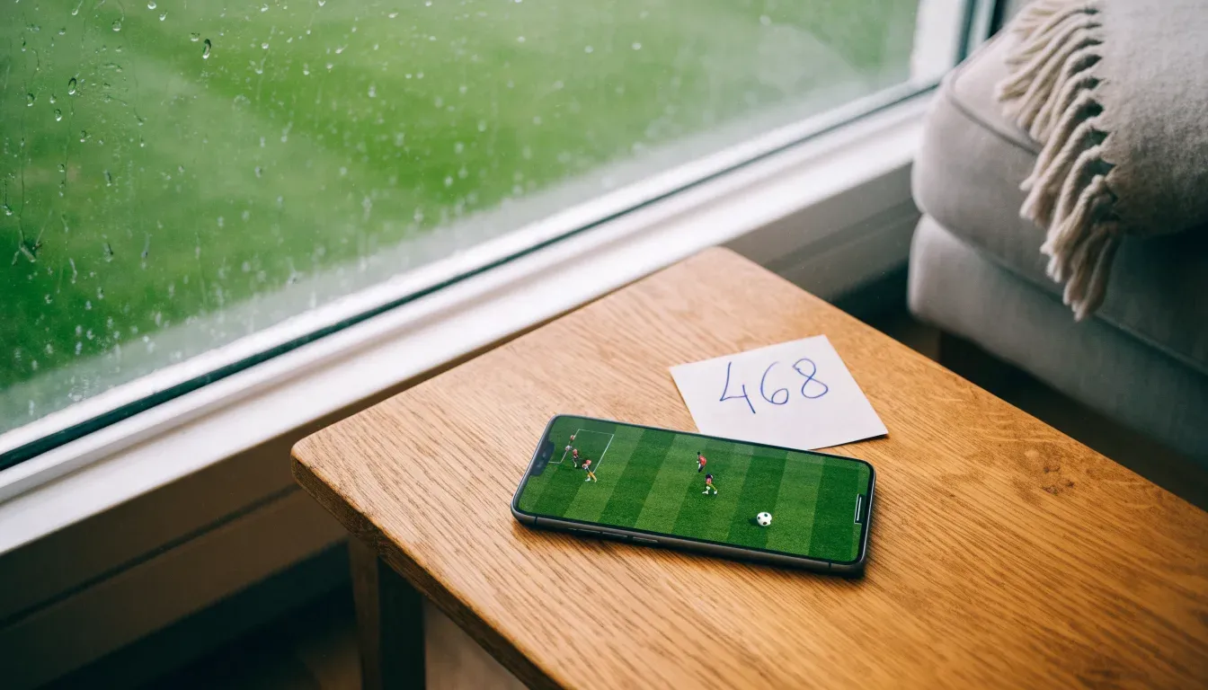 Ein Sofa mit Wolldecke steht vor einem grossen Fenster, draussen Regen und in der Ferne ein Fussballplatz.