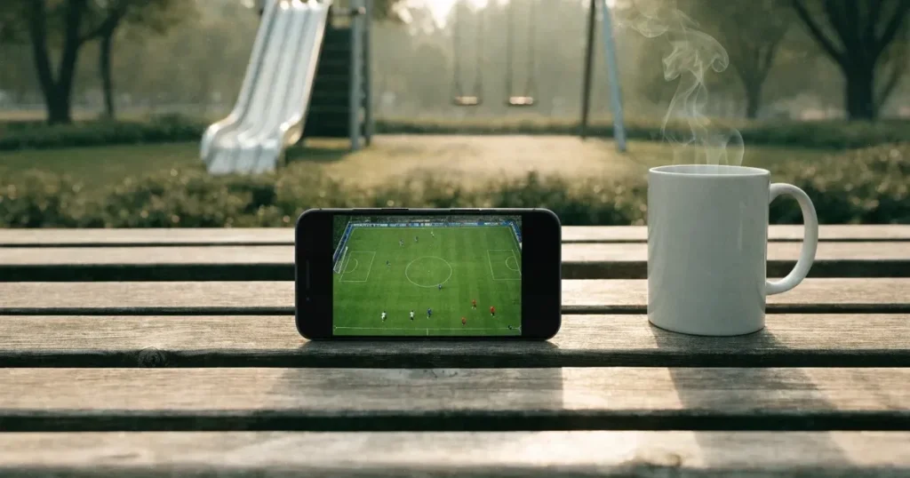 Ein Smartphone mit dunklem Display liegt auf einer Parkbank, daneben ein Kaffeebecher, im Hintergrund ein Spielplatz.