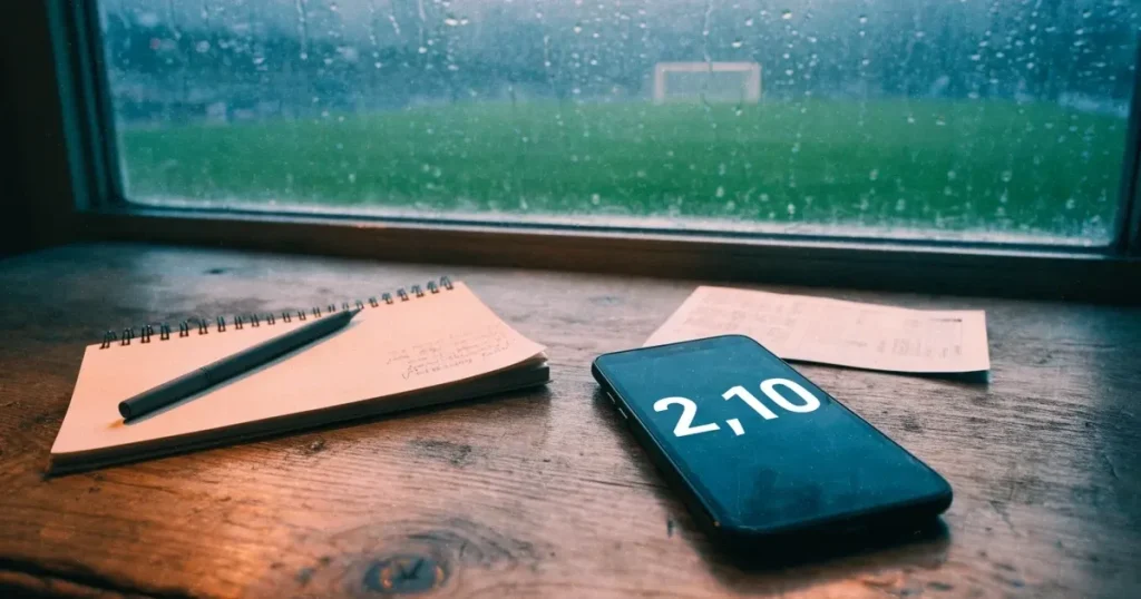 Ein Wetterbarometer hängt an einer Holzwand neben einem Fenster, draussen liegt ein nasser Fussballplatz im Regen.