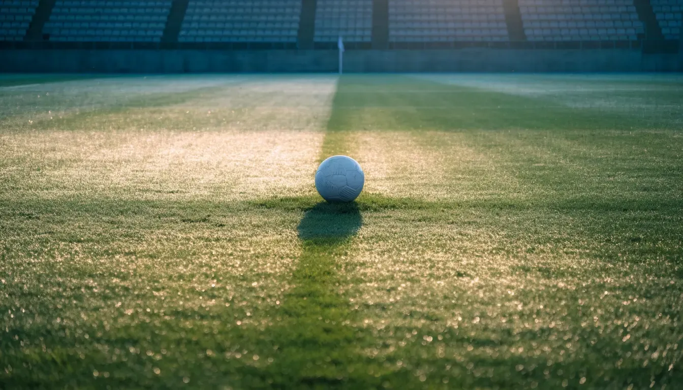 Ein Fussball liegt auf dem Anstosspunkt eines leeren Rasenplatzes im frühen Morgenlicht, dahinter erhebt sich eine menschenleere Tribüne.