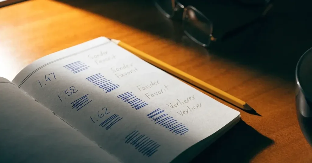 Ein aufgeschlagenes Notizbuch mit handschriftlichen Strichlisten und Spalten liegt neben einem Bleistift auf einem Holztisch im warmen Licht einer Schreibtischlampe.