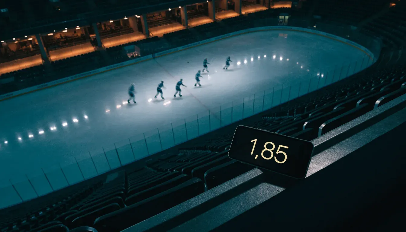 Ein grosses Eisstadion aus der Ferne gesehen, hell erleuchtet von Flutlicht in der Abenddämmerung, davor eine leere Strasse.