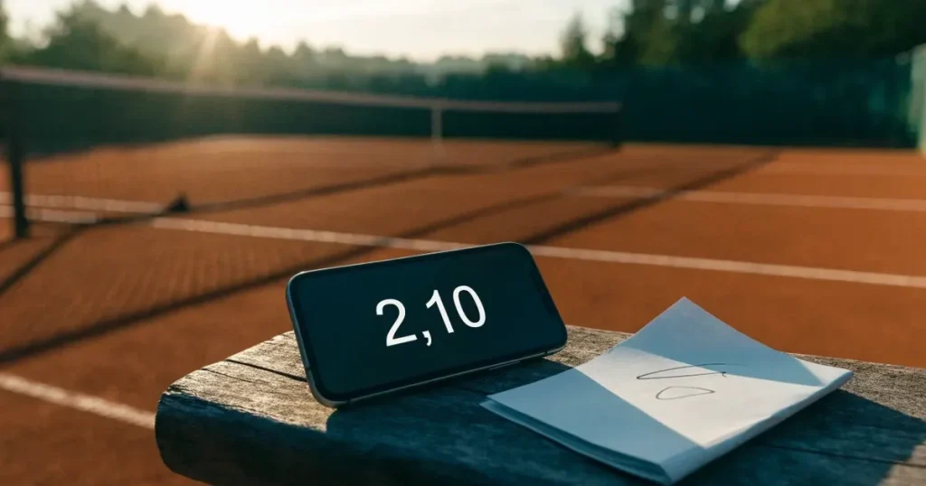 Ein Sandplatz für Tennis liegt bei Sonnenaufgang still da, das Netz wirft einen langen Schatten über die weissen Linien.