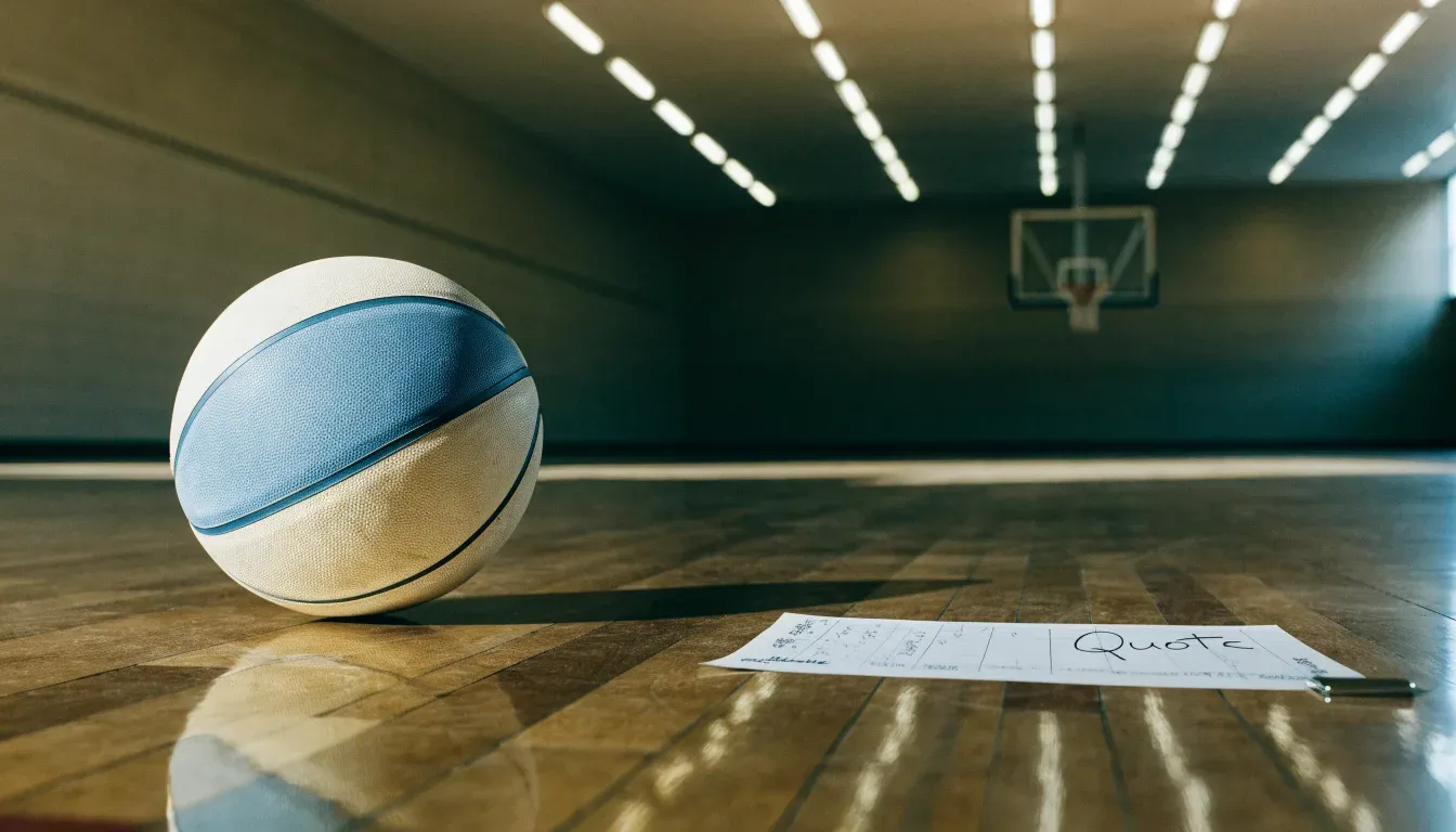 Ein Basketball liegt auf dem Parkett einer leeren Halle, von den Deckenlampen fällt gleichmässiges Licht auf den Boden.
