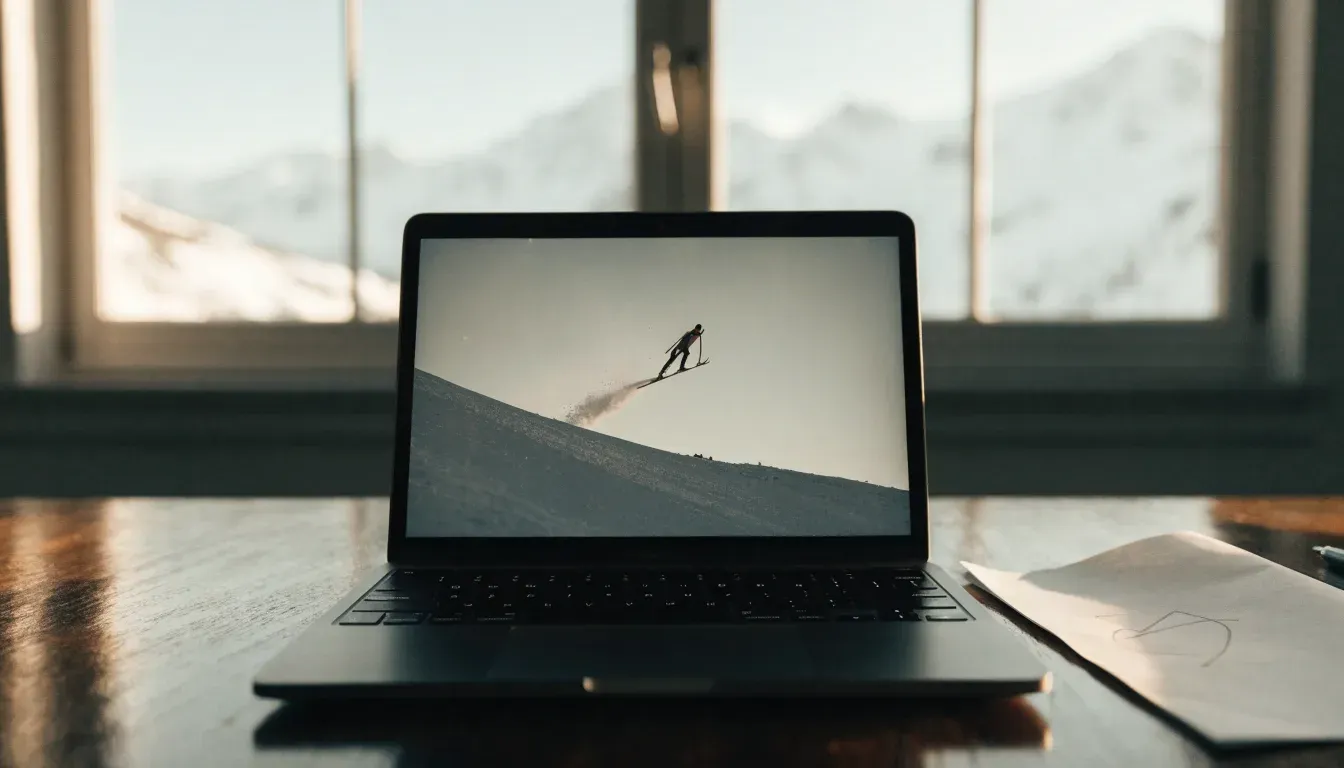 Eine Skisprungschanze erhebt sich vor verschneiten Bergen im Morgenlicht, die Hänge sind unberührt und ruhig.