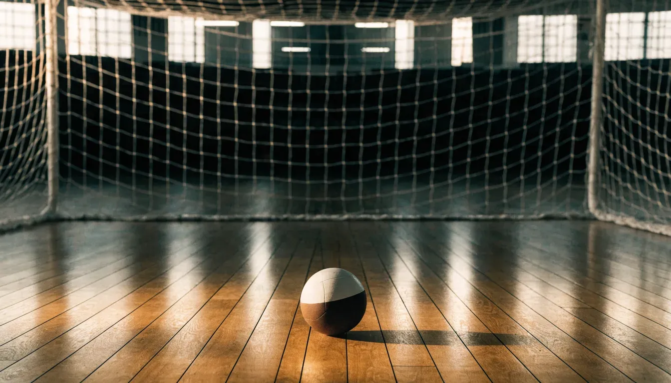 Ein Handballtor in einer leeren Sporthalle, der Ball liegt im Torraum und das Hallenlicht spiegelt sich im Parkett.