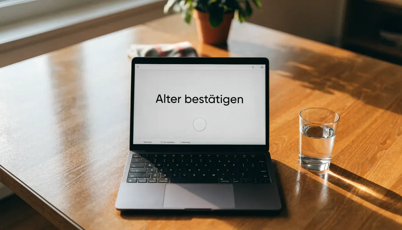 Ein geschlossener Laptop steht neben einem Glas Wasser auf einem Küchentisch im Licht des frühen Morgens.