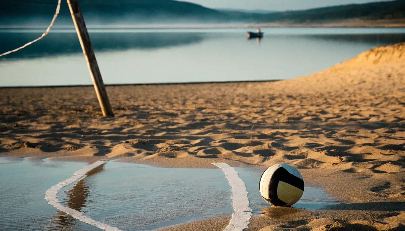 Ein Volleyball liegt im Sand eines Spielfelds am Seeufer, im Hintergrund gleitet ein Boot über das Wasser.