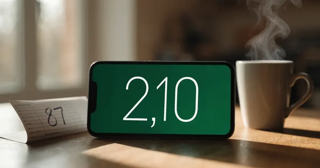 Eine kleine Geschenkschachtel mit Band steht auf einem Holztisch neben einer Tasse Tee im Licht eines Fensters.