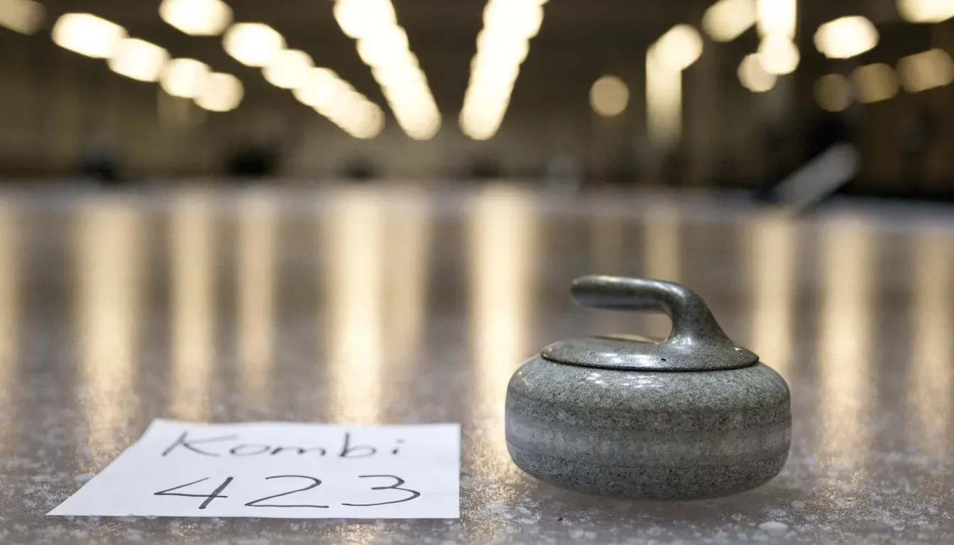 Mehrere Curlingsteine liegen auf einer glatten Eisfläche in einer leeren Halle, Deckenlicht spiegelt sich im Eis.