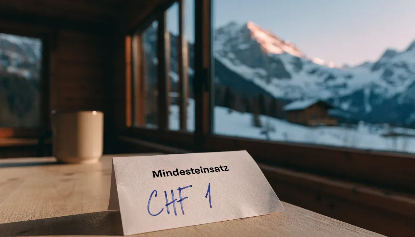 Ein Paar Ski steckt aufrecht im Schnee vor einer Berghütte, im Hintergrund färbt der Sonnenaufgang die Gipfel.