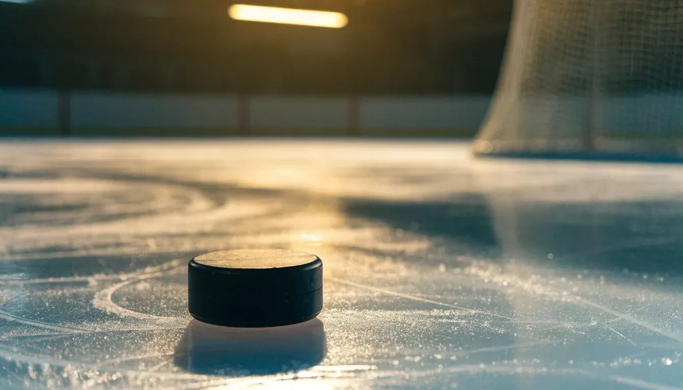 Ein Eishockeypuck liegt in Grossaufnahme auf der Eisfläche, feine Kratzer im Eis glänzen im hellen Hallenlicht.