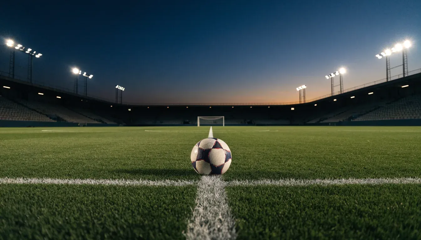 Ein Fussball liegt auf dem Mittelkreis eines leeren Rasenplatzes, dahinter ragen leere Tribünenreihen in den Abendhimmel.