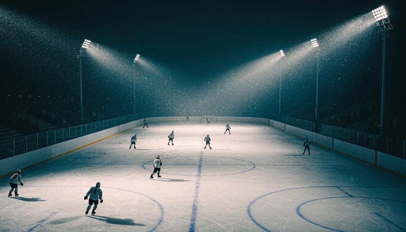 Eine Eishockeybahn liegt unter Flutlicht aus der Ferne betrachtet, leichter Schneefall treibt durch den Lichtkegel über dem Eis.