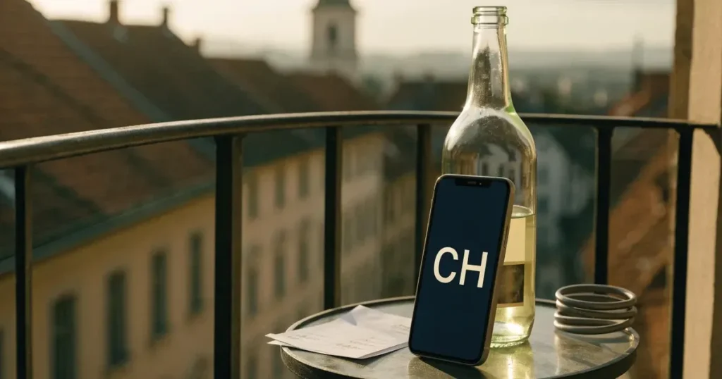 Ein Smartphone mit dunklem Display lehnt an einer Glasflasche auf einem Balkontisch, dahinter liegt eine Altstadt in der Abendsonne.