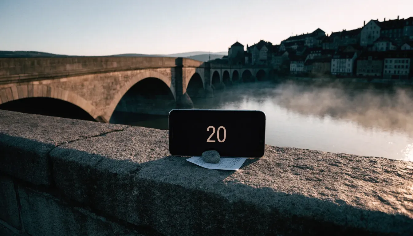 Eine steinerne Bogenbrücke überspannt am frühen Morgen einen Fluss in einer Altstadt, auf dem Wasser liegt dünner Nebel.