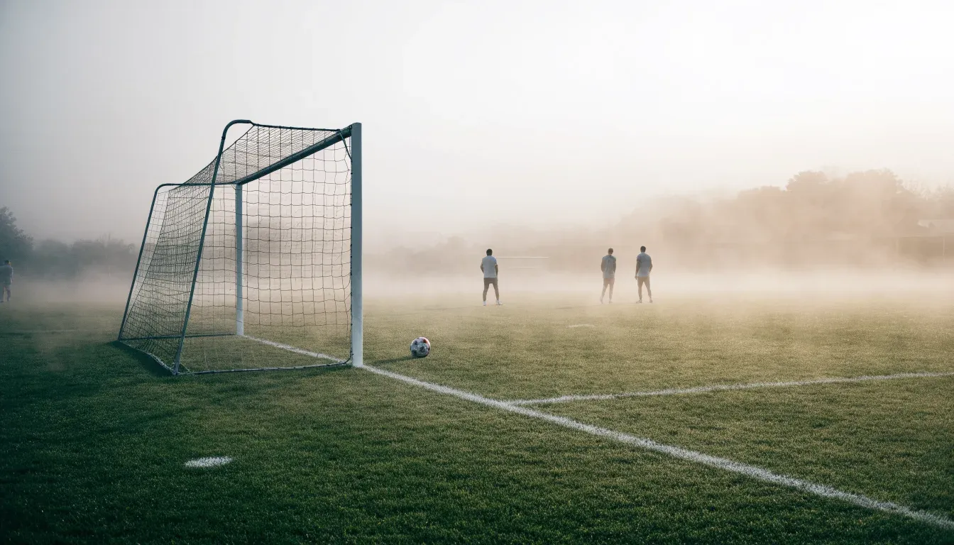 Eine Torlinie mit Netz steht am frühen Morgen im dichten Nebel auf einem Rasenplatz, die Umrisse der Pfosten verschwimmen.