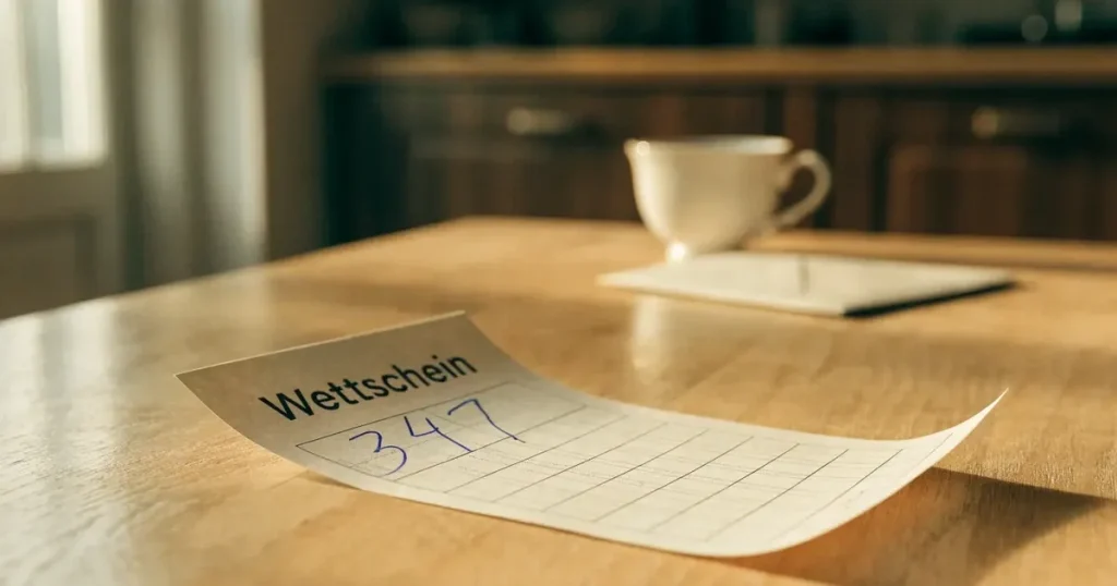 Ein Stapel schlichter Briefumschläge liegt auf einem Küchentisch neben einer Tasse Tee, durch das Fenster fällt Morgenlicht.