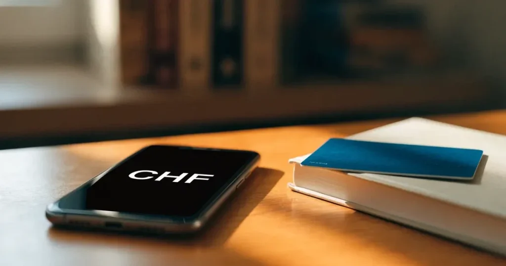 Ein kleiner Stapel Münzen liegt auf einem Holztisch neben einem Bleistift, im Hintergrund unscharf ein Regal mit Büchern.