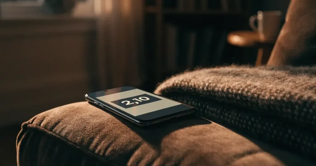 Ein Smartphone mit dunklem Display liegt auf der Lehne eines Sofas neben einer Wolldecke, warmes Abendlicht fällt ins Zimmer.