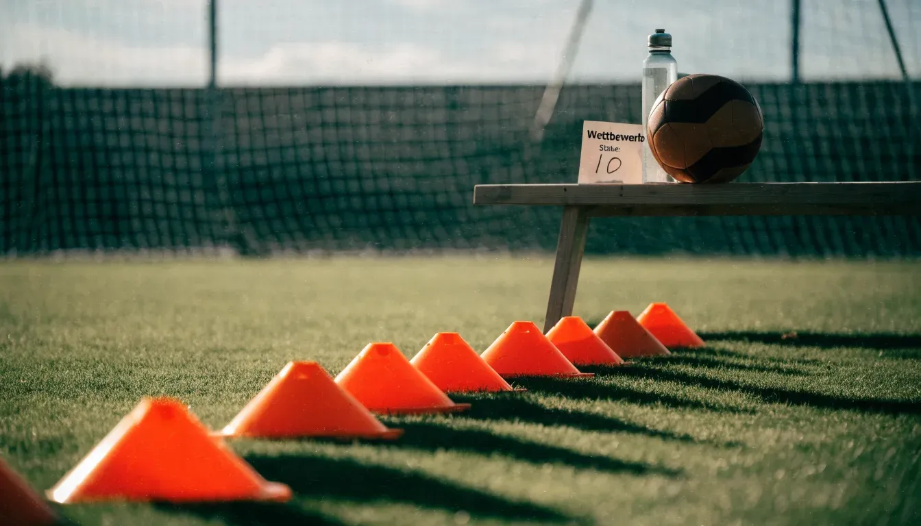 Ein Trainingsplatz zeigt eine Ersatzbank mit Trinkflasche und eine Reihe oranger Hütchen auf frisch gemähtem Rasen im Spätnachmittagslicht.