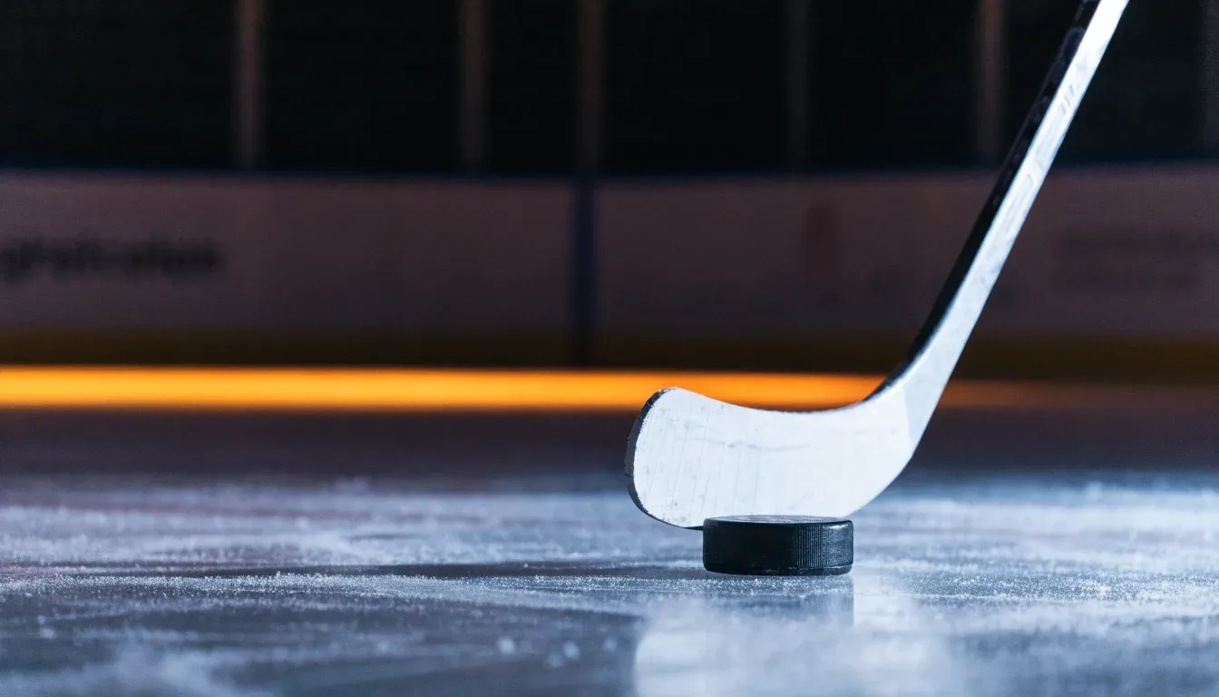 Ein Eishockeypuck liegt auf der Eisfläche neben dem Blatt eines Schlägers, die Bande dahinter ist im Dunkeln nur schwach zu erkennen.