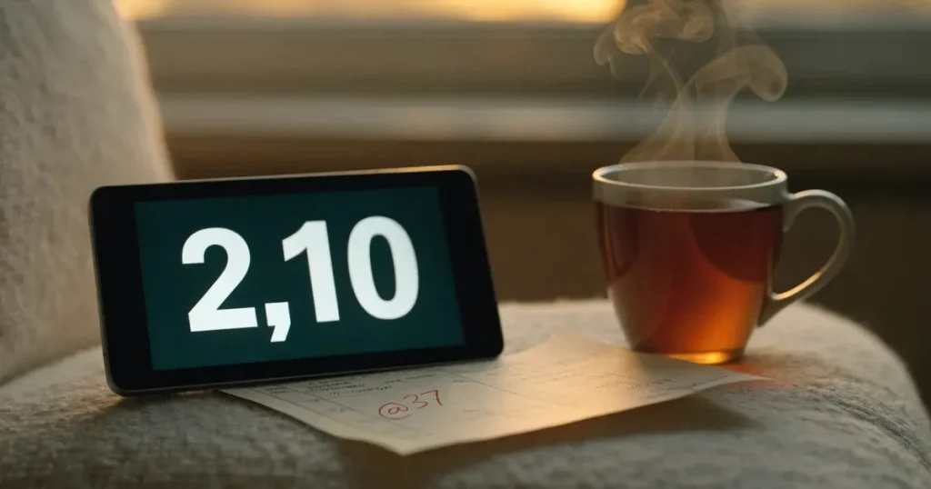 Ein Tablet mit schwarzem Display liegt auf einem Sofakissen, daneben ein Becher mit Tee, vom Fenster her fällt Abendlicht.
