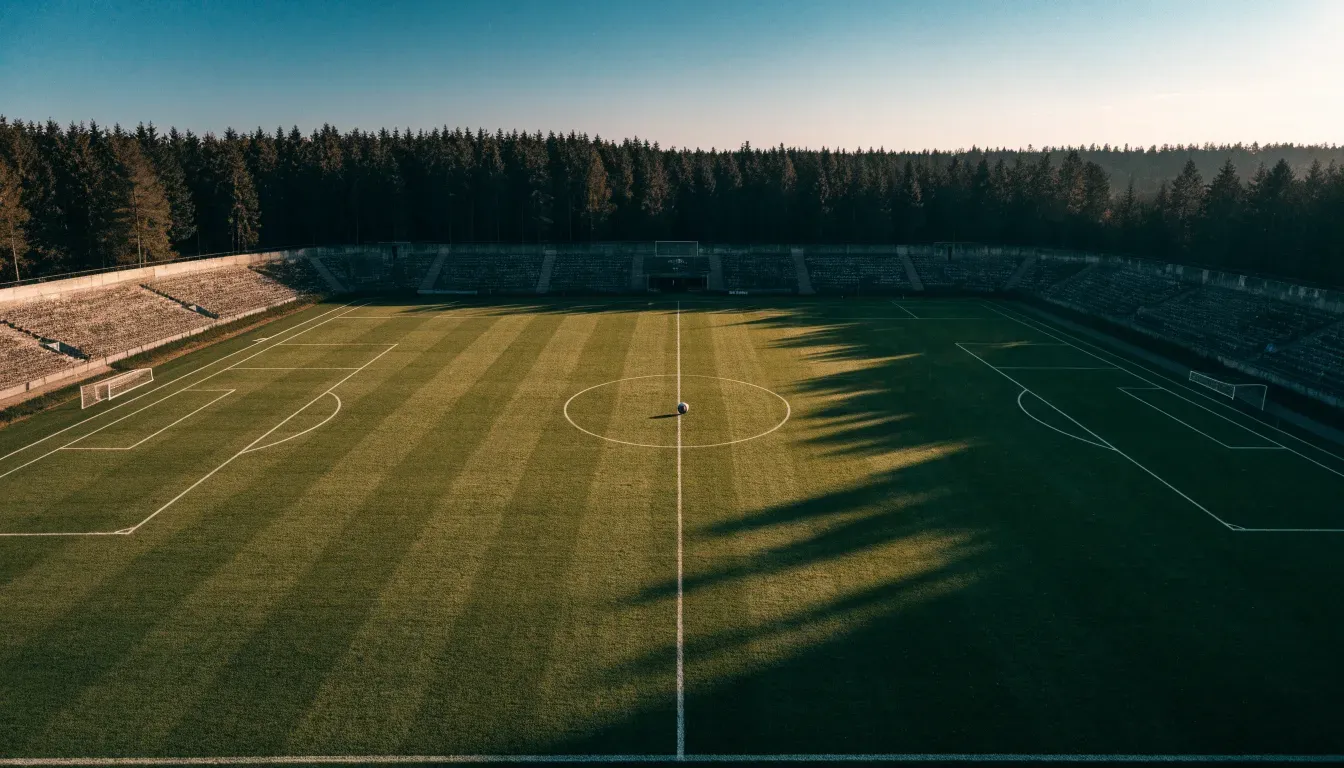 Ein Rasenplatz mit Spielfeldlinien ist von oben gesehen, ein einzelner Ball liegt in der Mitte, rundherum stehen leere Tribünen und Tannenwald.