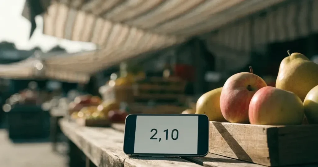 Ein Smartphone mit dunklem Display liegt auf dem Holztisch eines Marktstands zwischen Äpfeln und Birnen, morgendliches Licht fällt durch eine Plane.
