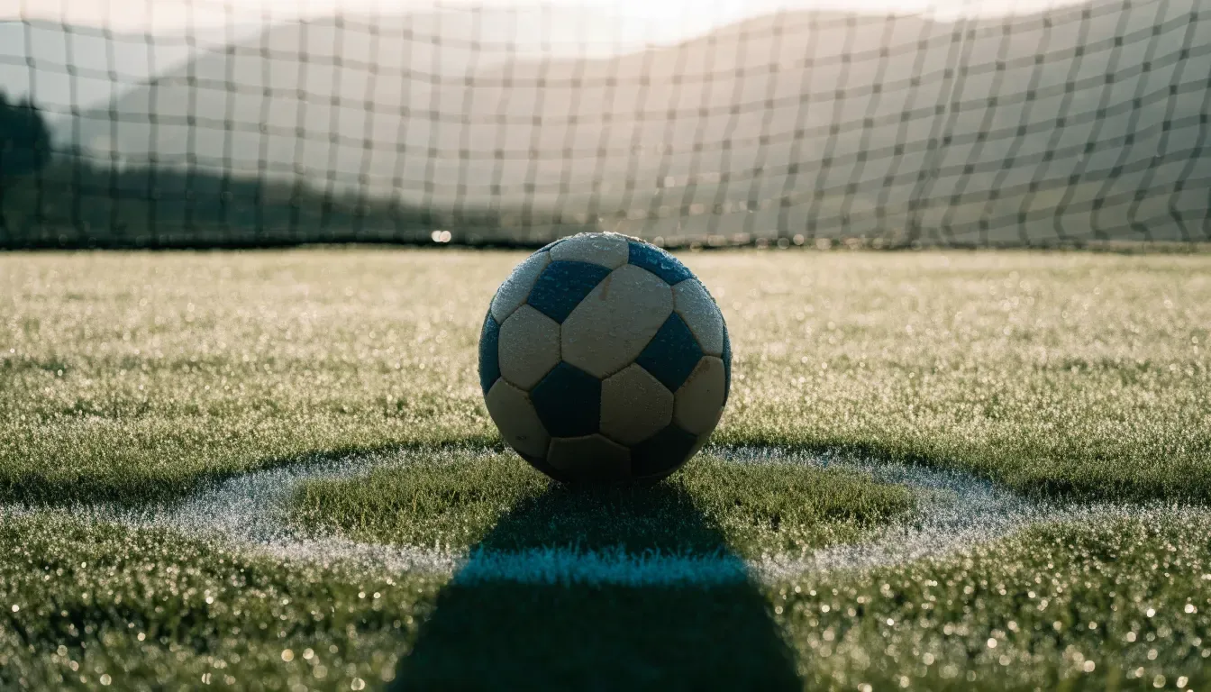 Ein Fussball liegt am frühen Morgen auf dem Anstosspunkt eines taunassen Rasens, im Hintergrund erheben sich Hügel im Dunst.