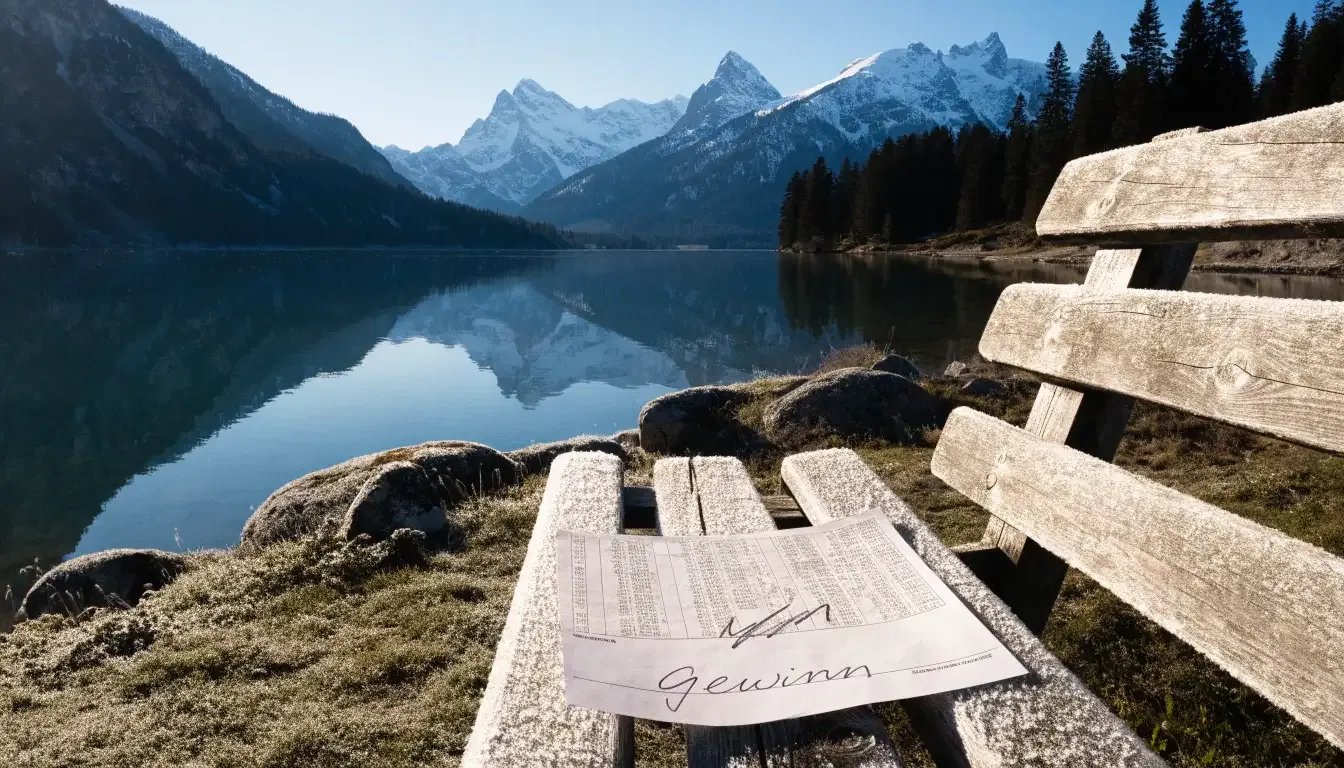 Eine Bank an einem Bergsee, dahinter schneebedeckte Gipfel im klaren Licht eines Wintermorgens.