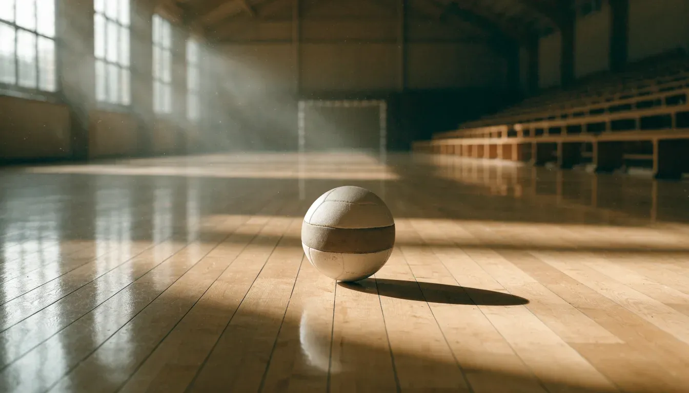 Der Boden einer Sporthalle aus poliertem Parkett mit einem einzelnen Handball in der Mitte, Licht fällt durch hohe Fenster.
