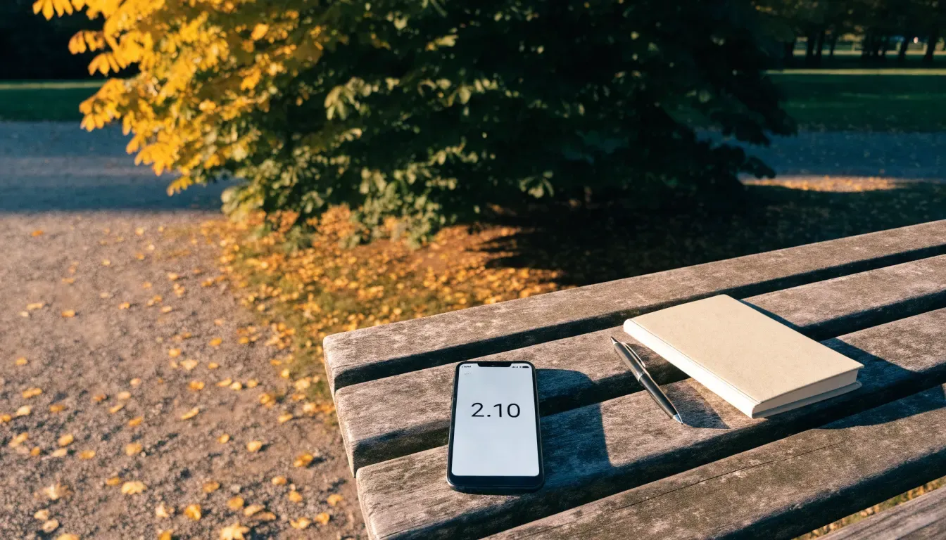 Eine Parkbank unter einer Kastanie im Herbst, auf dem Kiesweg liegen gelbe Blätter.