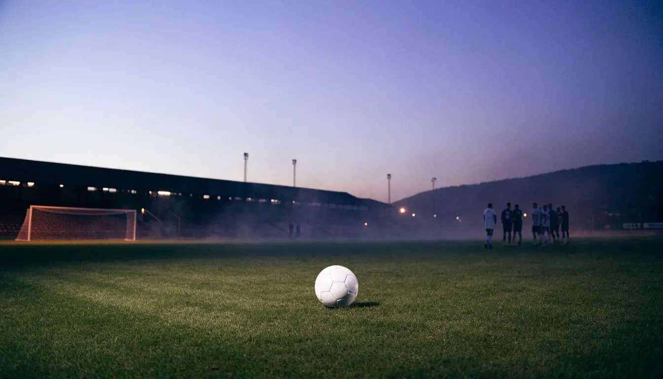 Die Silhouette eines Stadiondachs vor dem violetten Abendhimmel, dahinter eine Hügelkette.