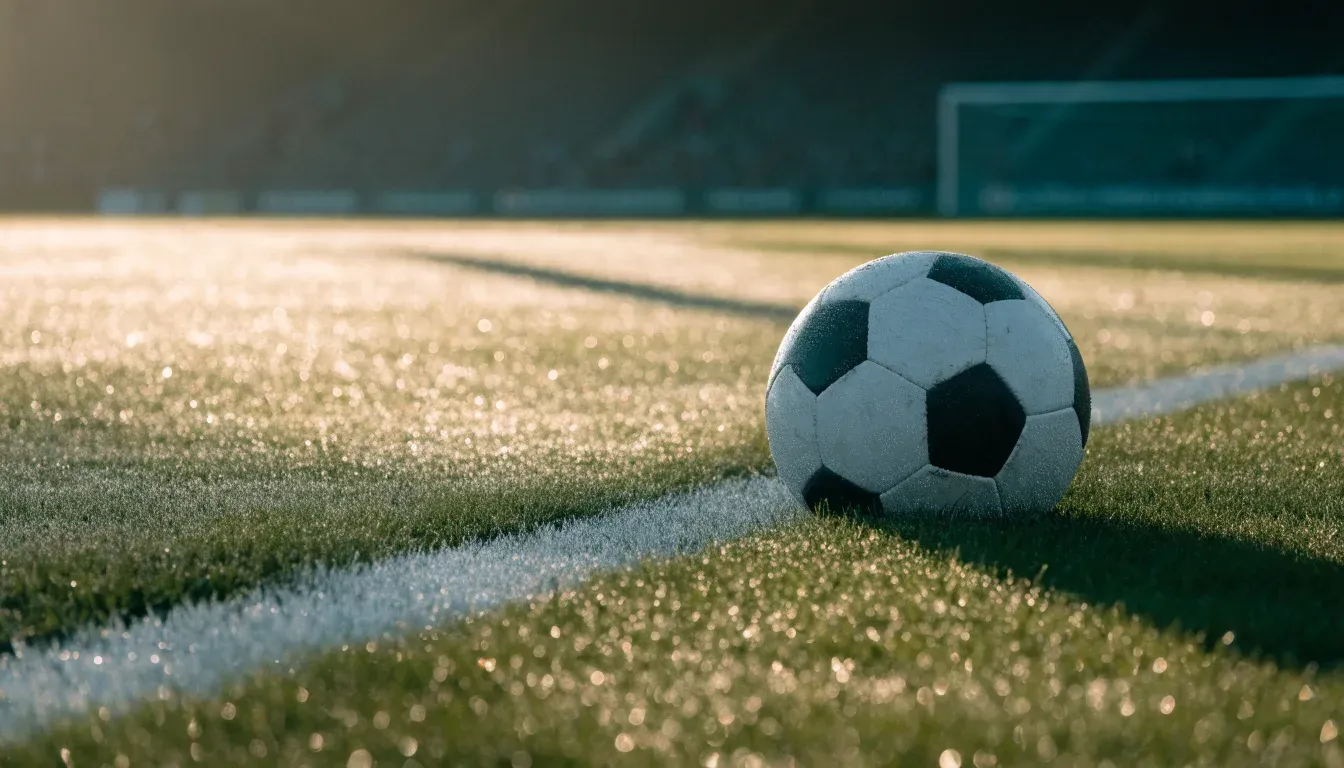 Ein Fussball ruht an der Seitenlinie im taufeuchten Gras, die ersten Sonnenstrahlen fallen schräg über den Platz.