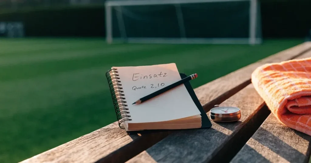 Ein abgegriffenes Notizheft, ein Bleistift und eine Stoppuhr liegen auf einer Bank am Rand eines Trainingsplatzes.