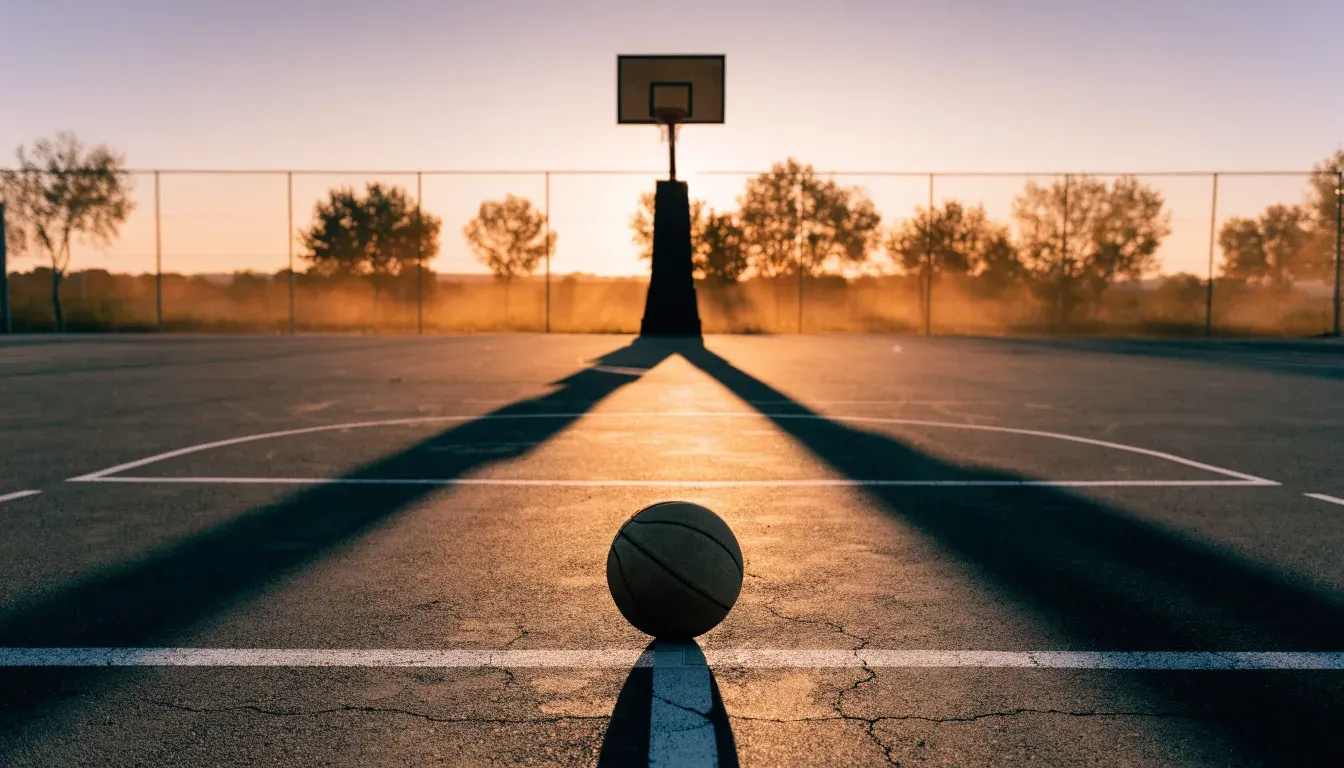 Ein Basketball liegt bei Sonnenuntergang auf einem leeren Aussenplatz, lange Schatten fallen über den Boden.