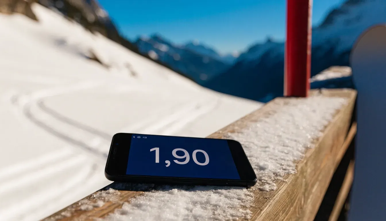 Skispuren im frischen Schnee an einem sonnigen Hang vor blauem Himmel.