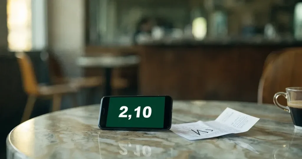 Zwei Kaffeetassen und eine Zuckerdose stehen auf einem runden Marmortisch in einem leeren Café am Morgen.
