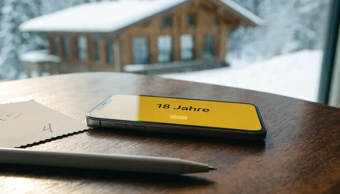 Ein Holzchalet mit Schnee auf dem Dach im klaren Sonnenlicht, davor ein geräumter Weg.