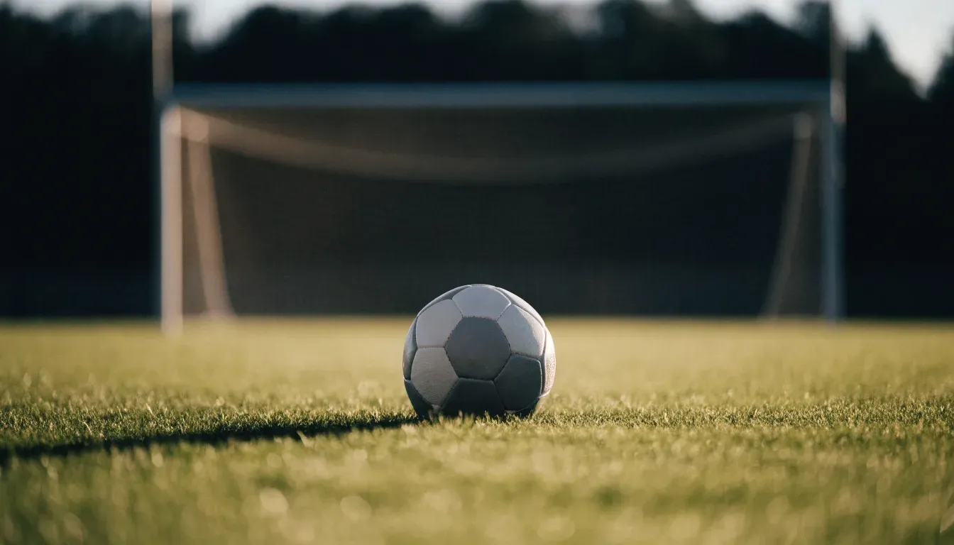 Ein Fussball auf dem Rasen aus niedriger Perspektive aufgenommen, die Torpfosten verschwimmen im Hintergrund.